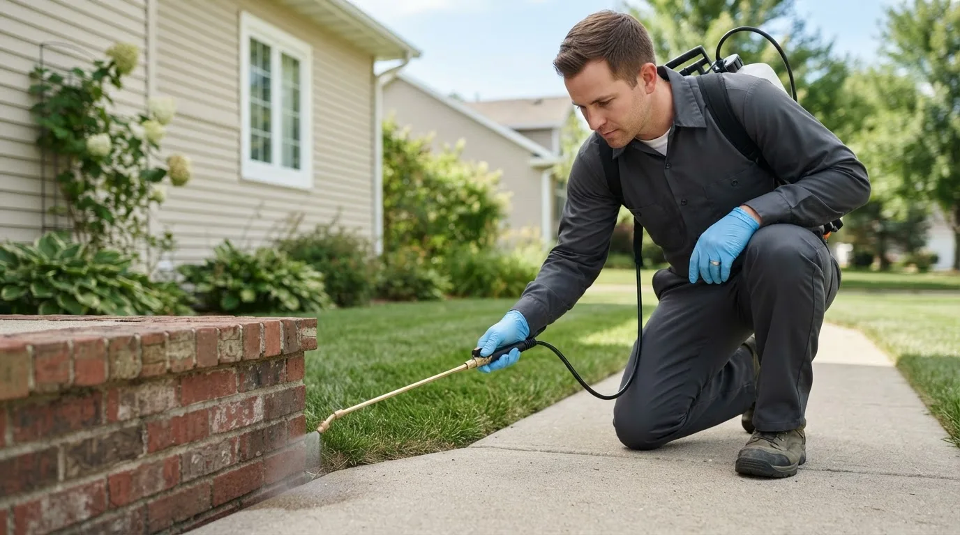Pest control technician treating a home near Grapeville, PA