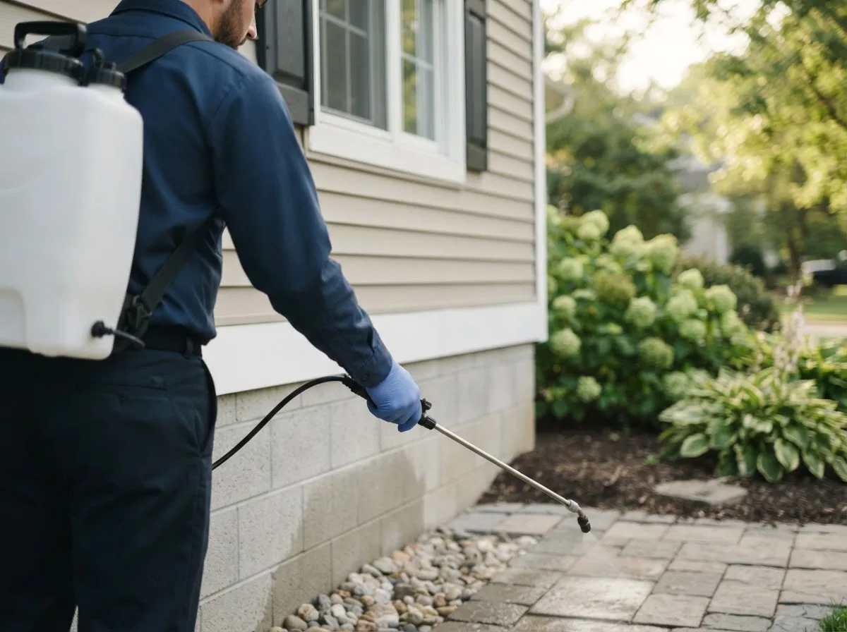 Pest control technician inspecting a home in Grapeville, PA